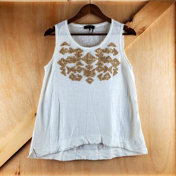 DONNA KARAN NY White Linen Beaded Tank Top in Size M - Picture 2 of 8